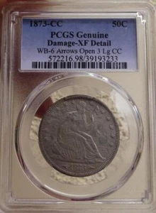 REDUCED!! 1873-CC ARROWS SEATED LIBERTY HALF DOLLAR PCGS XF DETAIL WB-6 RARITY 4 - Picture 1 of 2
