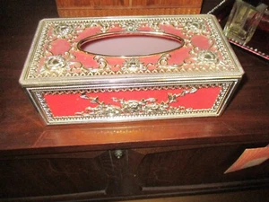 Vtg Hollywood Regency Tissue Box cover plastic ornate gold floral & red velvet - Picture 1 of 1