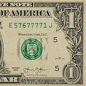 Five of A Kind 7s Fancy Serial Number One Dollar Bill E5767771J Four in a Row 7 - Picture 1 of 8