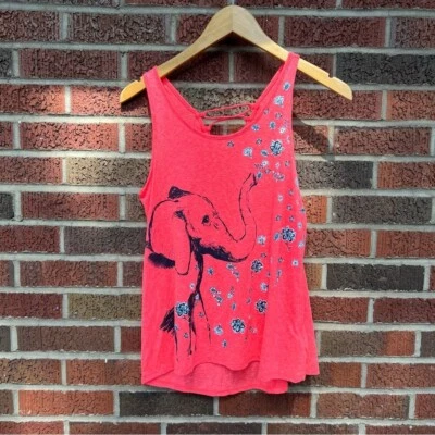 Justice Coral Pnk and Silver Floral Elephant Graphic Strappy Back Tank Top - Image 1 of 4