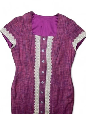 Vestido midi vintage rosa púrpura lino cuello cuadrado abotonado sin etiquetas L/XL Foto 1 de 4