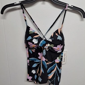Hula Honey Floral Tankini Top S Black Multicolor Crisscross Back NWT - Picture 1 of 7