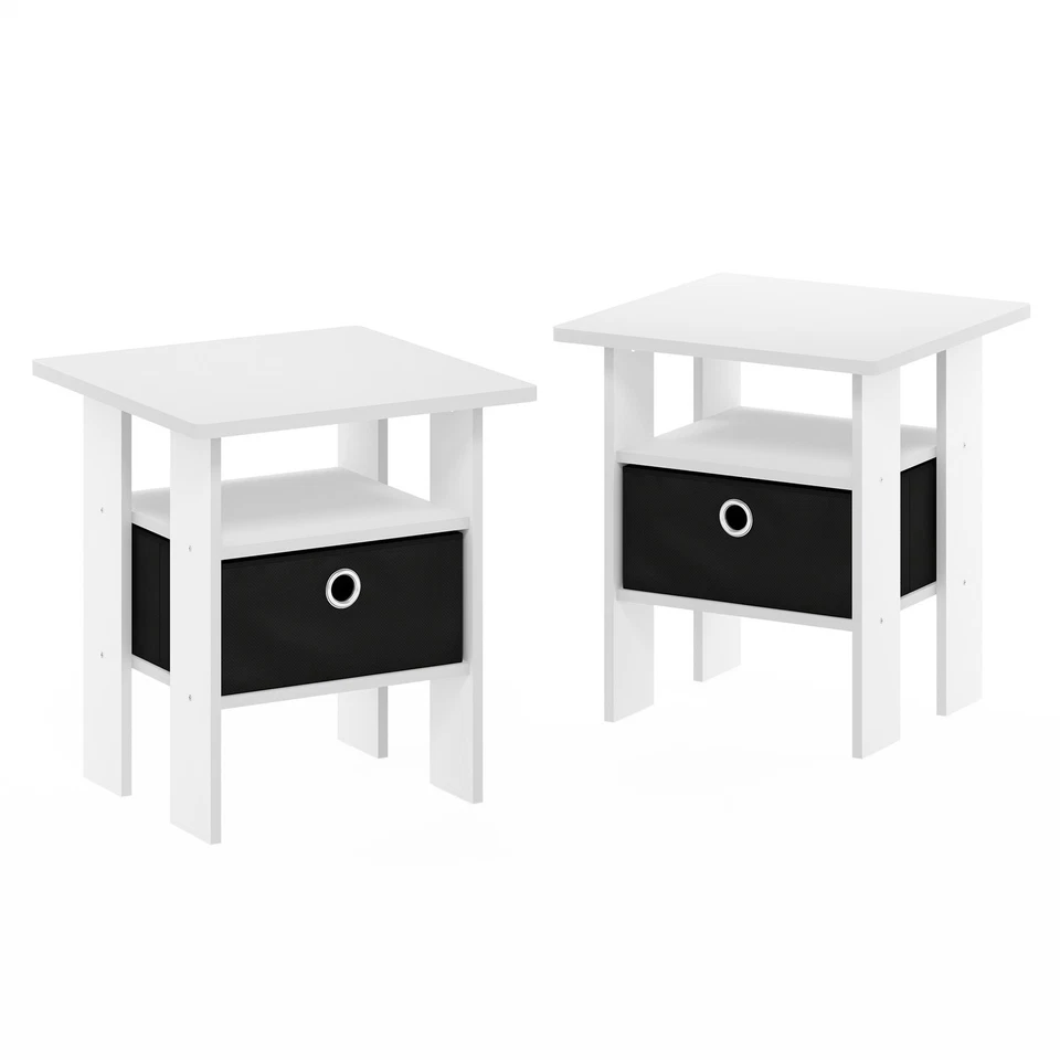 Furinno End Table Bedroom Night Stand With Bin Drawer Set of 2 White/Black - Image 1 of 1