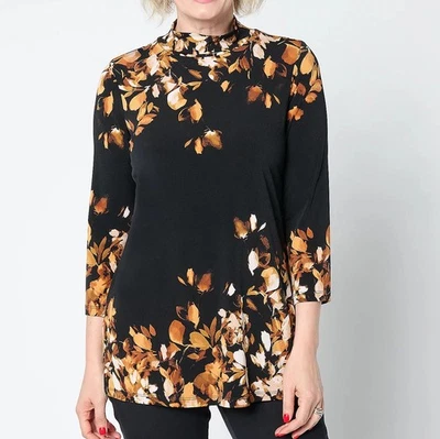 Túnica Susan Graver Talla 1X Negra Estampada Miel Tejido Líquido Manga 3/4 Cuello Simulado Foto 1 de 2