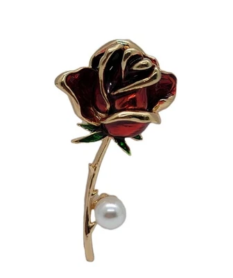 Broche Rosa Esmalte Rojo con Perla Cuelga - Prendedor Flor Aceite Goteo Tono Dorado Envío Foto 1 de 4