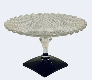 Vintage Diamond Cut Glass Pedestal Tray with Ebony Glass Stand 4" x 6 3/8" - Picture 1 of 8