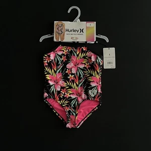 NEW Youth Girls Size 4 Hurley One Piece Swimsuit UPF 50+ Black Hyper Pink Floral - Picture 1 of 4