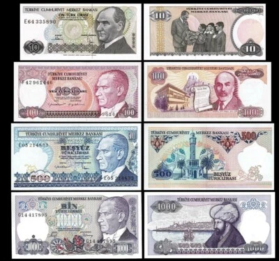 Turkey 4 Pcs Set, 10 100 500 1000 5000 Lira 1970 1989, UNC, P-193 194 195 196 - Image 1 of 4