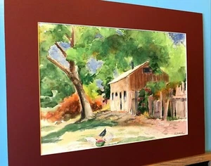 Buntes Landhaus Bauernhaus Baum Sally Sumpf Landschaft Original WC Gemälde Kunst  - Bild 1 von 5