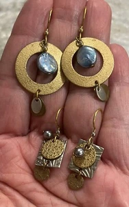 2 Pairs Silver Forest Earrings Pierced Hook Earwire Blue Pearl Gold/Silver Tone - Picture 1 of 8