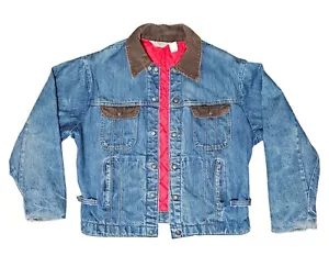 Vtg Key Imperial Sz 44 Jean Denim Trucker Jacket Red Quilt Lined Distressed - Picture 1 of 21