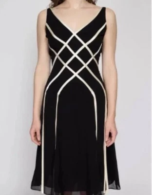 VTG Adrianna Papell Black & Ivory Satin Ribbon 100% Silk Midi Evening Dress Sz 8 - Image 1 of 4