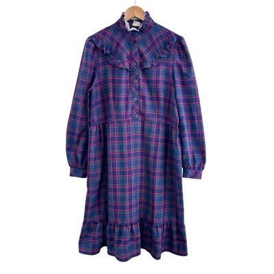 Vintage Tartan Check Dress Size UK 14-16 Ruffle High Neck 80s Cottagecore Retro - Image 1 of 4
