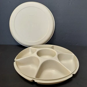Vintage Tupperware Serving Center Tray Almond Veggie/Fruit 1665 W/ Lid 1666 - Picture 1 of 12