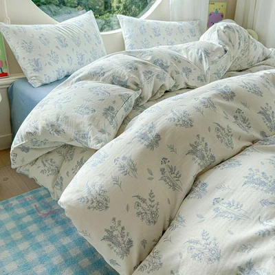 Muslin Duvet Cover Queen Size,Blue Floral Chic Linen Cotton Bedding Set Textu... - Image 1 of 4