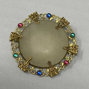 Antique Brooch Round Filigree 10kt Gold Plated Frosted Glass Cabochon C Clasp - Picture 1 of 9