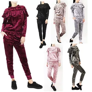 Ladies Front Frill Velour Velvet Crushed Look Tracksuits Women Loungewear Dress - Picture 1 of 1