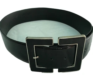 White House Black Market Black Shiny Faux Patent Leather Rectangular Buckle Sz S - Picture 1 of 6