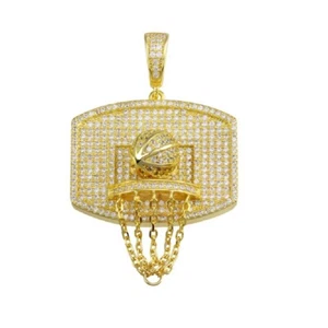 Argento Sterling Placcato Oro Giallo Basket Cerchio Hip Hop Ciondolo W/ Cz Sassi - Foto 1 di 3