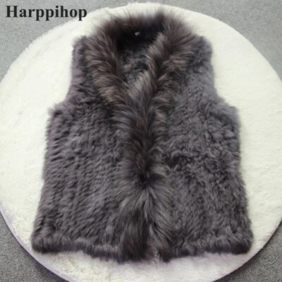 Chaleco de punto de piel de conejo real para mujer Chaleco informal con ribete de piel de mapache real Foto 1 de 4