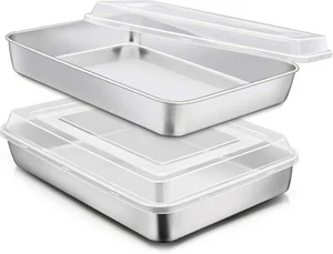Stainless Steel Baking Pan with Lid 12? x 9� x 2 Inch Rectangle Sheet Cake Pans - Picture 1 of 7