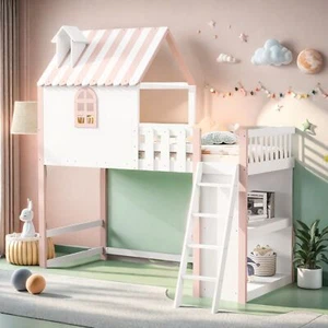 Hochbett 90x200 Etagenbett Hausbett mit Treppe und Regalen Kinderbett Jugendbett - Bild 1 von 10