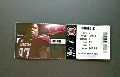 2014 ECU vs SC Gamecocks Used Football Ticket   JT Surratt  G21 Cover