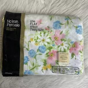 VTG Penneys Flat Twin Sheet NIP Pink Floral Mod Poly-Cotton Percale No Iron - Picture 1 of 5