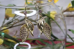 Sparkling Rhinestone KC Gold Leaf Earrings Pierced Ears Dangling Drop - Picture 1 of 6