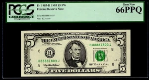 1995 $5 FRN ST. LOUIS. FR: 1985-H PCGS: 66 PPQ. 5 LUCKY 8s S/N. 4 CONSECUTIVE. - Picture 1 of 2