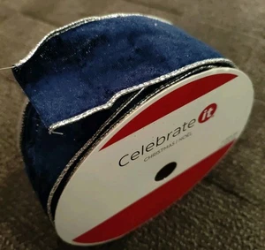 Celebrate It Wired Jumbo Ribbon Navy Blue Velvet w/ Silver Trim 2.5" X 60 ft - Picture 1 of 5