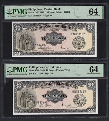 Philippines 2 Consecutive 10 Pesos 1949 P136f Uncirculated Grade 64 - Image 1 of 2