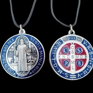 50 mm  Saint Benedict Medal, Blue/Red Enamel on a brown cord, Italy - Bild 1 von 3