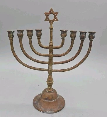 Antique brass miniature hanukia Menorah 8 branches candle holder. 8"H×7"W - Image 1 of 4