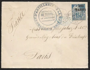 TAHITI TO FRANCE 15c OVPT SC#22 ON MILITARY MAIL COVER 1895 WITH CERTIFICATE - Picture 1 of 5