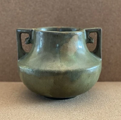 Fulper Pottery Green Scroll Handled Vase Arts & Crafts Mission Style - Image 1 of 4