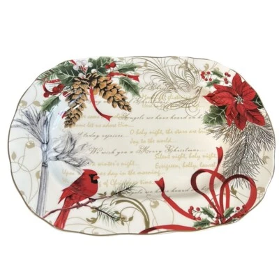 222 Fifth Christmas Poinsettia Pinecone Serving Platter New Pumpkin Red Cardinal - Image 1 of 3