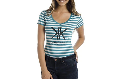 Kardashian Kollection Women's Jade/White Stripe V- Neck Logo Tee - Size M NWT Foto 1 de 2