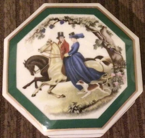 Side Saddle Lady Rider Octagonal Porcelain Trinket Box Southern Heirlooms - Picture 1 of 12