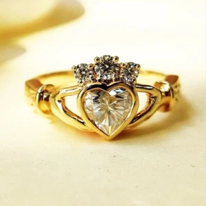 Heart Emerald Diamond Irish Claddagh Anniversary Ring 14k Yellow Gold Over - Picture 1 of 7