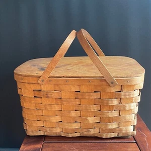 Cesta de picnic tejida vintage tapa de madera con bisagras 19" x 12" - almacenamiento, camping, decoración - Imagen 1 de 10