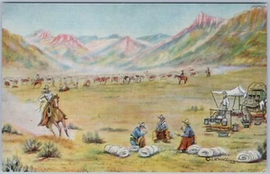 Pintura de lino The Roundup LH Larsen West Cowboy Cattle Drive c1940 - Imagen 1 de 2