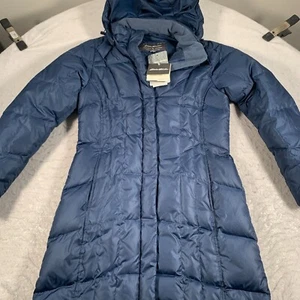 Eddie Bauer Jacket Womens Small Duck Down Blue Coat Full Zip Hooded Puffer - Picture 1 of 11