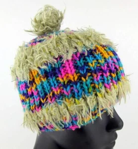 Wool Blend Knit Multi-coloured Beanie Boho Hat Handmade Crochet with POM POM - Picture 1 of 4