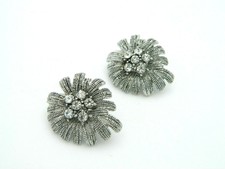 Clear Rhinestone Silver Tone Firework Flower Clip Earrings Vintage