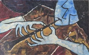 1961 SIGNED RJ BARONE "ARABIC MUSICIAN" ORIGINAL CUBISM ABSTRACT CANVAS PAINTING - Picture 1 of 9