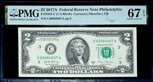 SUPERB GEM 2017A $2 FEDERAL RESERVE NOTE-LADDER SER 00080007 -TOP POP-PMG#67 EPQ - Picture 1 of 4