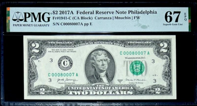 SUPERB GEM 2017A $2 FEDERAL RESERVE NOTE-LADDER SER 00080007 -TOP POP-PMG#67 EPQ - Image 1 of 4