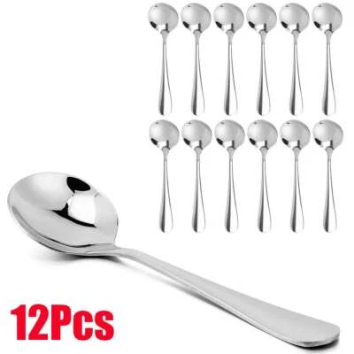 12 Pack Soup Spoons Round Stainless Steel Bouillon Spoon Table Serving Cooking - Image 1 of 4