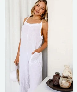 ESTILO ALTO HIPPIE Brillante Blanco Mezcla de Lino Traje de Baño Encubrimiento Mono - Imagen 1 de 10
